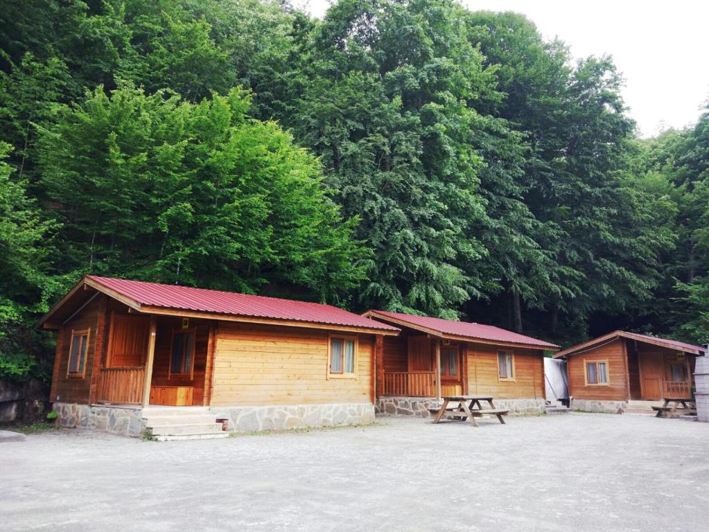 un paio di cabine in legno con alberi sullo sfondo di Habitat Mesire a Yaylatepe