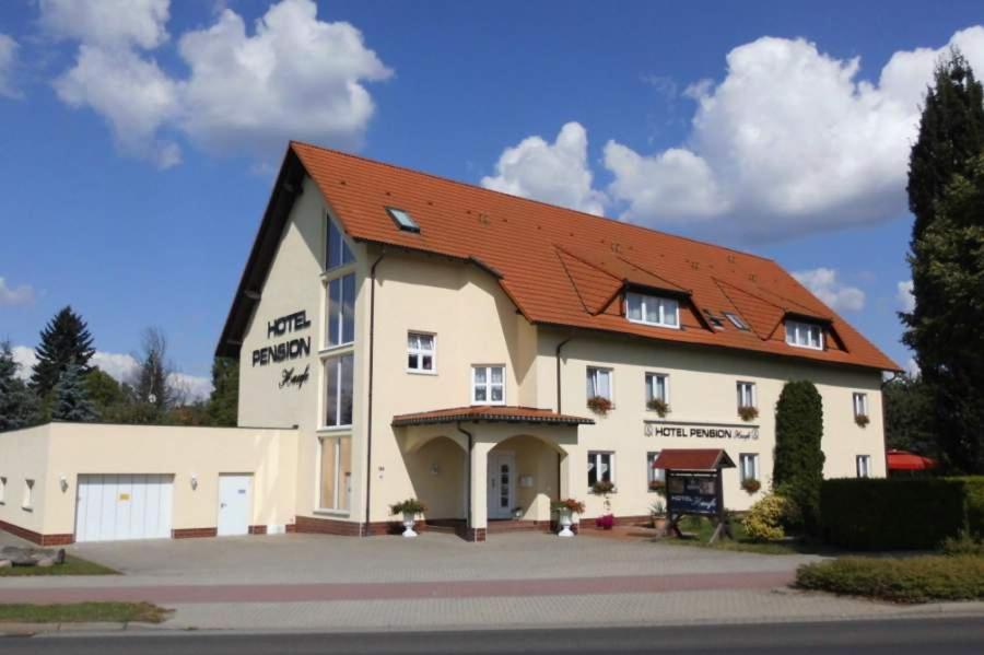 een groot wit gebouw met een rood dak bij Hotel Haufe in Forst