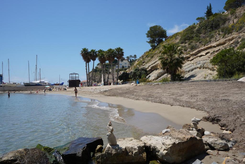 a beach with a group of birds sitting on rocks at Maryvilla Inspiración y Vacaciones - Bungalows in Calpe