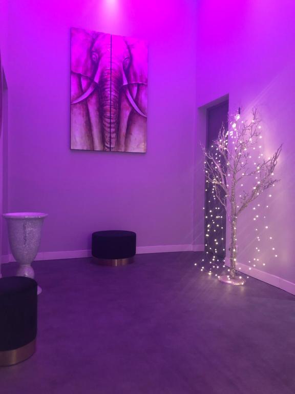 a purple room with an elephant picture and a tree at Hôtel Le Lys d'Or in Vauvert