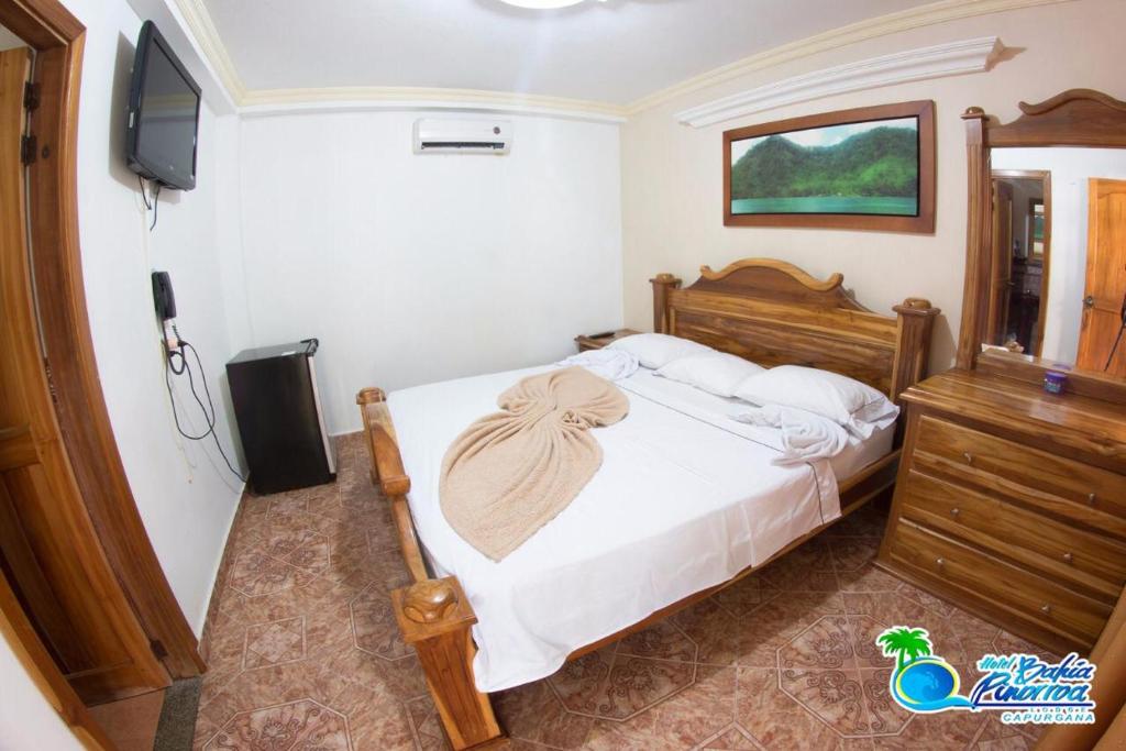 卡普兰干HOTEL BAHÍA PINORROA的卧室里有一张床和一台电视机