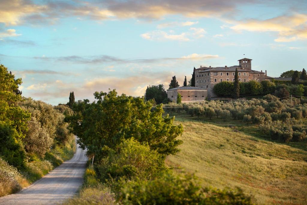 a road leading to a large building in a field at Cosona in Pienza