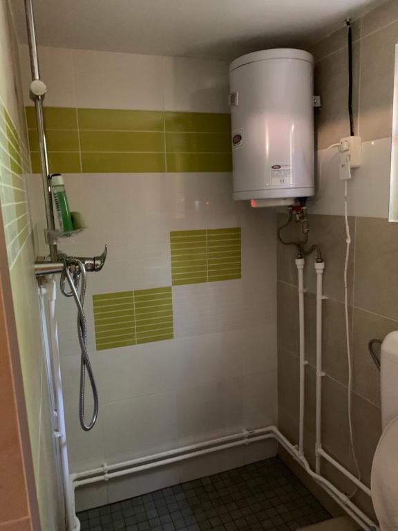 ein Badezimmer mit einer Dusche mit grünen und gelben Streifen in der Unterkunft Forest Cottage Weekend House in Vlăhiţa