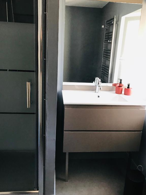 a bathroom with a sink and a mirror at Au pied du Chateau de Chaumont sur Loire in Chaumont-sur-Loire