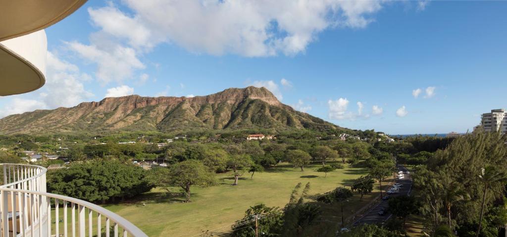 a view of a mountain from a balcony at Lotus Honolulu at Diamond Head in Honolulu