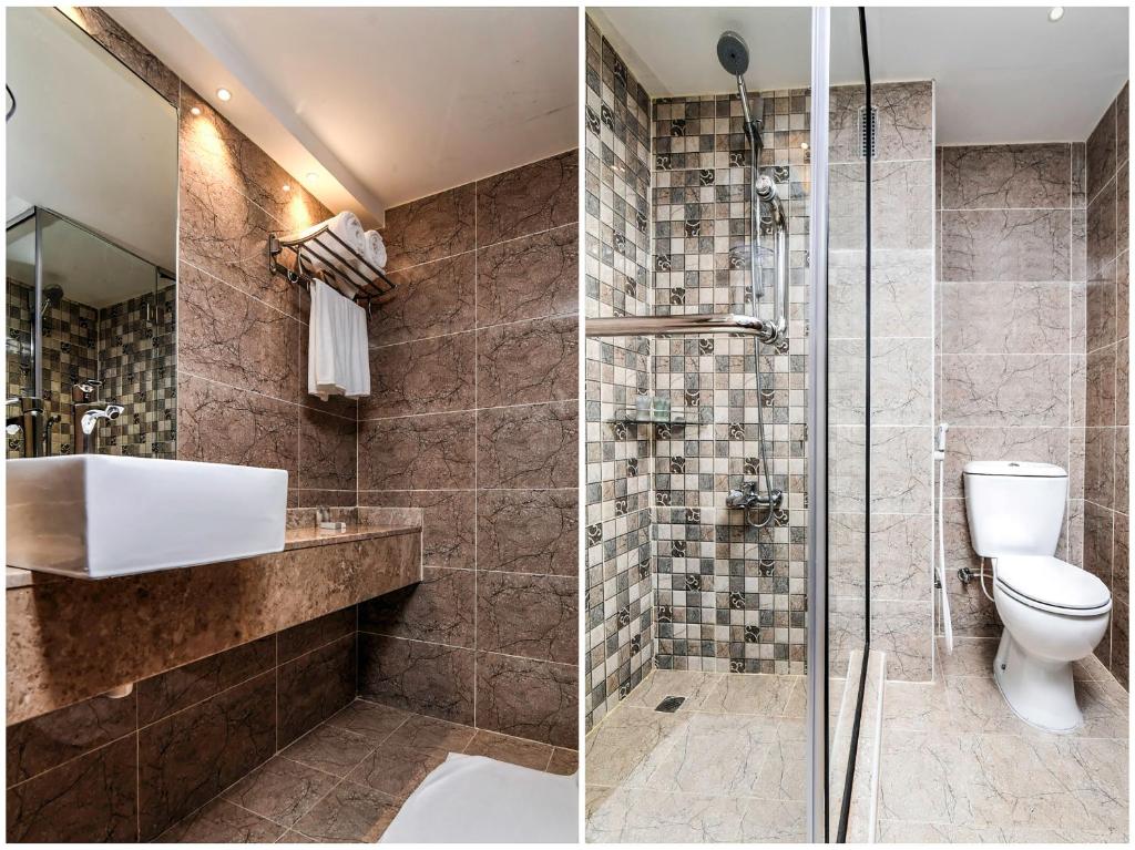 two pictures of a bathroom with a toilet and a shower at Ras Al Khaimah Hotel in Ras al Khaimah