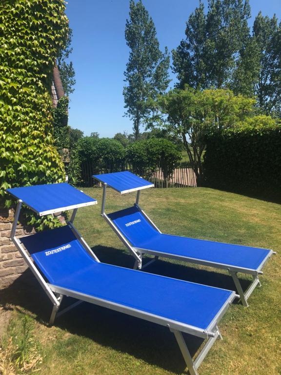 two blue ping pong tables sitting on the grass at villa les champs de knokke in Knokke-Heist