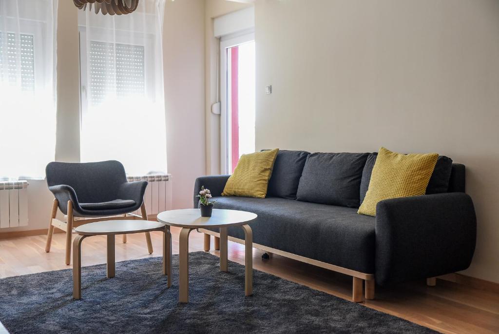 sala de estar con sofá, mesa y sillas en Tamiš Kapija Apartment, en Pančevo