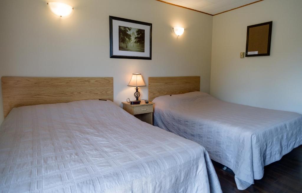 Montague的住宿－Winds Motel，酒店客房,设有两张床和一盏灯