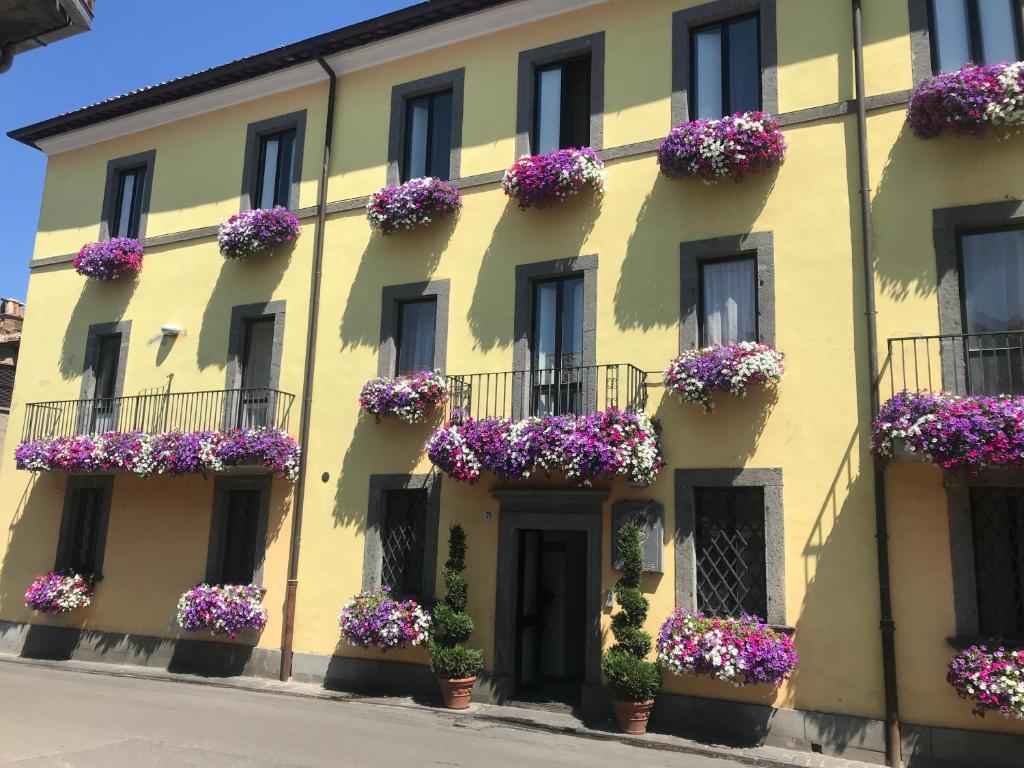 un bâtiment jaune avec des boîtes de fleurs sur les fenêtres dans l'établissement Hotel divino Amore, à Bagnoregio