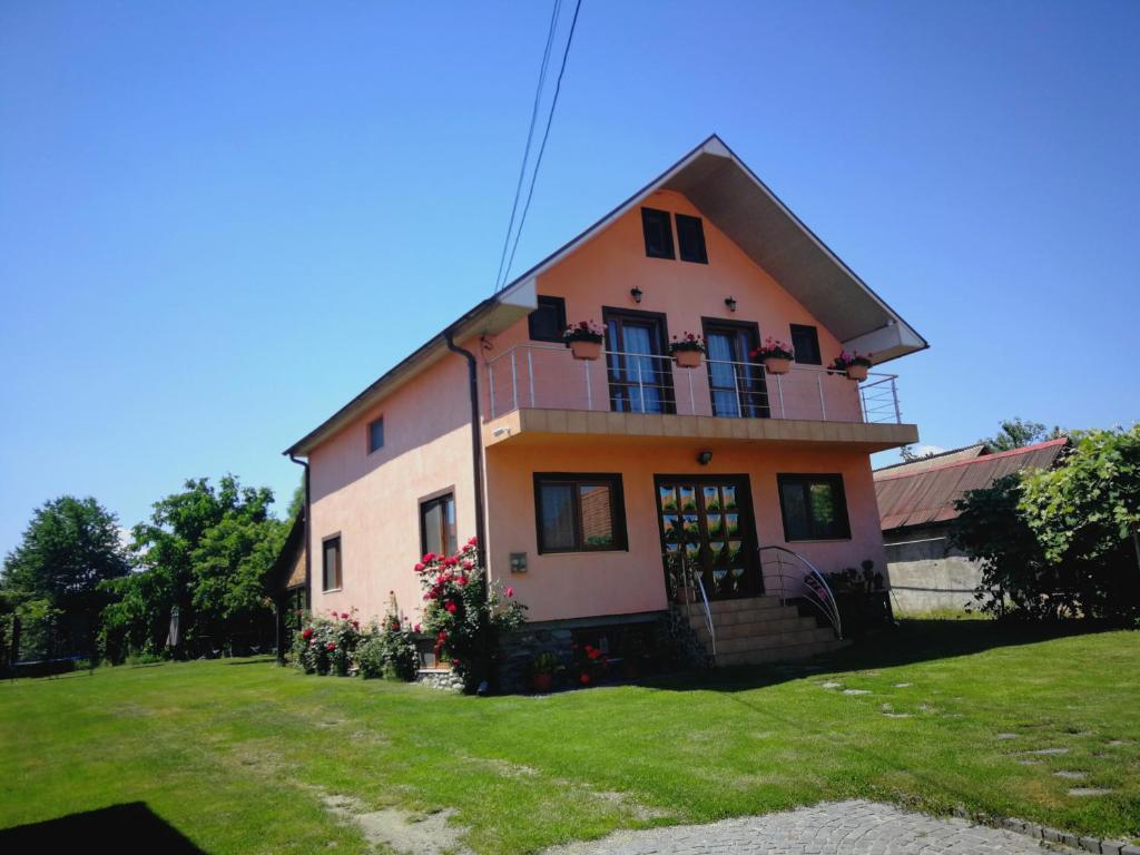 a house on a grassy field in front at Pensiunea Balea Sat in Cîrţişoara
