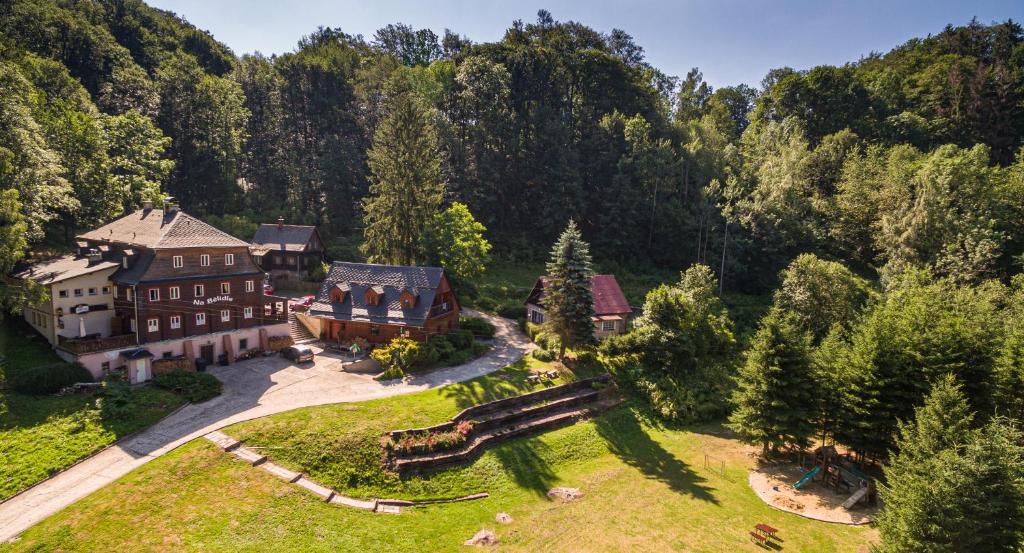 an aerial view of a large house in a forest at Penzion Na Bělidle in Krásná Lípa