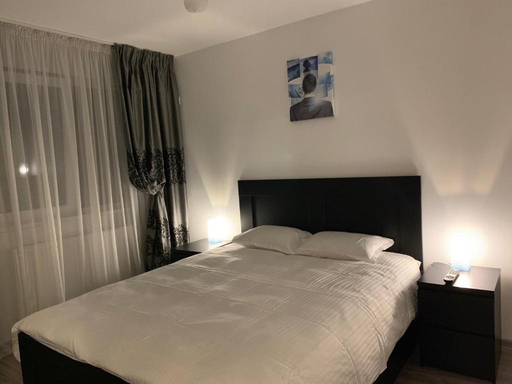 1 dormitorio con 1 cama grande y 2 mesitas de noche en Apartament Cristina, en Bucarest