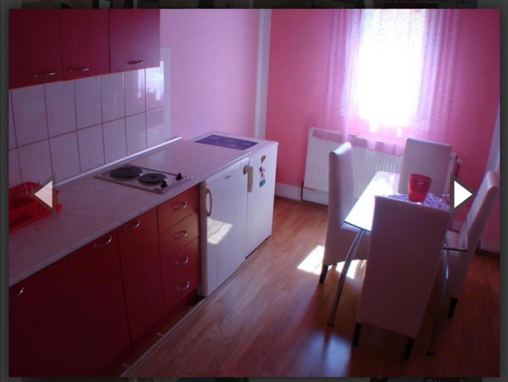 eine Küche mit rosa Wänden und einem Tisch mit Stühlen in der Unterkunft Apartman Luka in Sokobanja