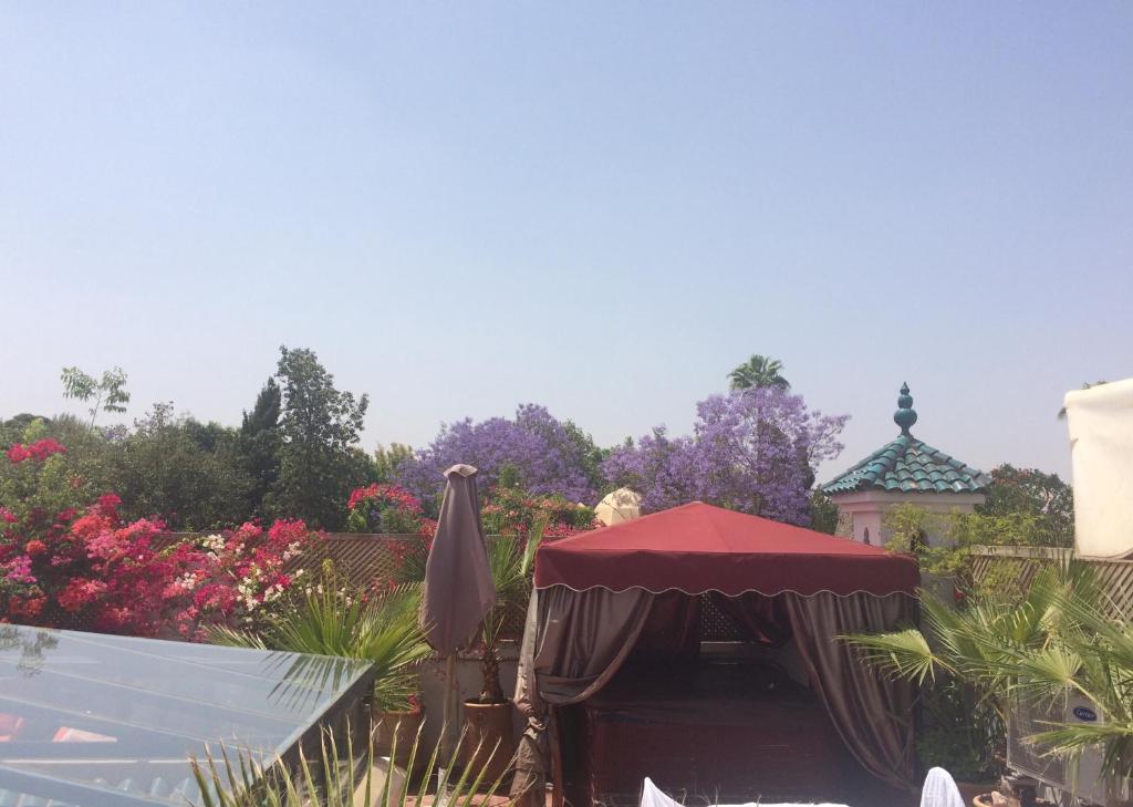 um jardim com um guarda-chuva vermelho e algumas flores em Riad Rêves D'orient & Spa em Marrakech