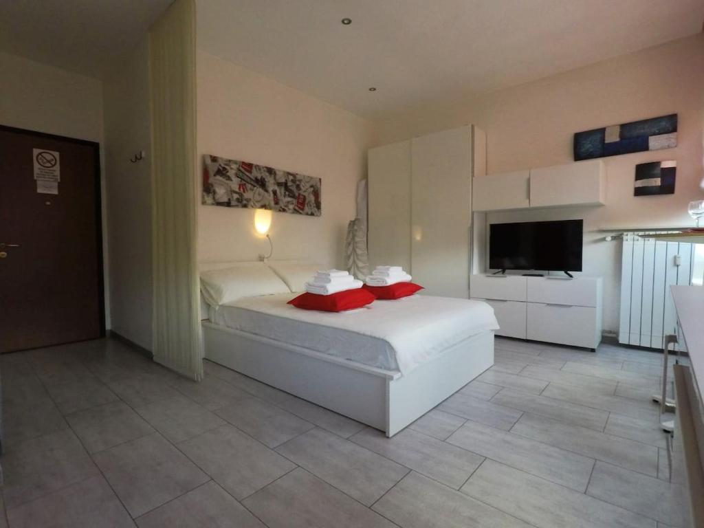 1 dormitorio con 1 cama blanca y TV en Irene's House, en Turín