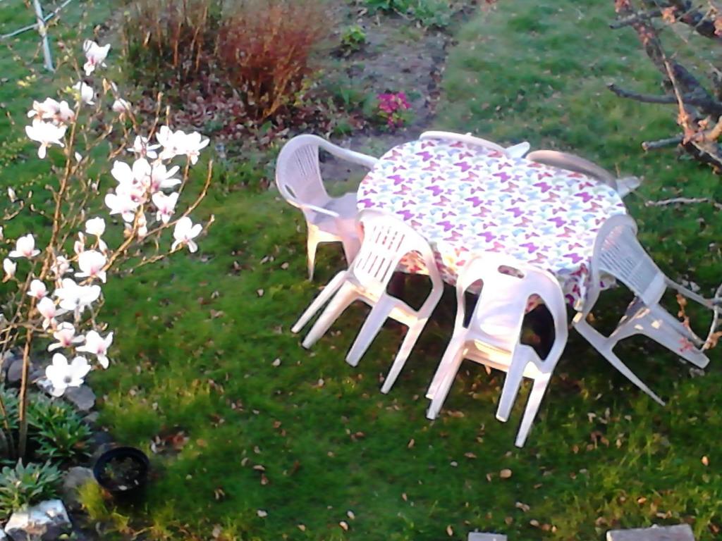 a table with four chairs around it in the grass at Billingehill Bed&Breakfast in Billinge