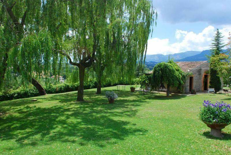 um quintal com um salgueiro chorão e uma casa em Agriturismo La CasinaRosa em Loreto Aprutino