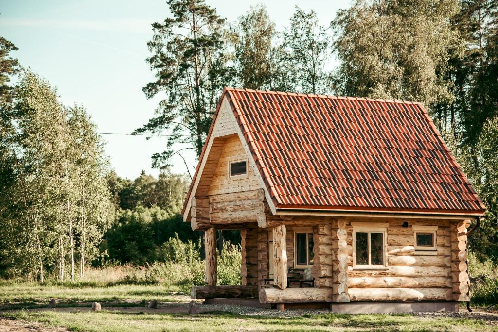 a small log cabin with a red roof at Jūrkalnes Meža SPA in Ošvalki