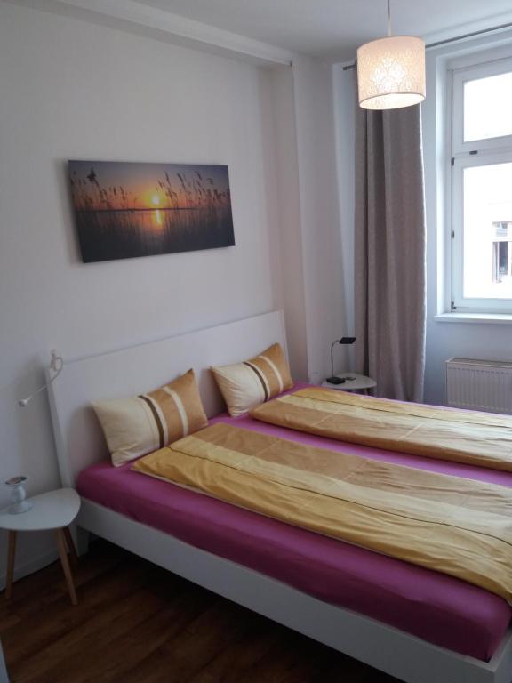 een slaapkamer met een groot bed in een kamer bij City Apartments Magdeburg in Maagdenburg