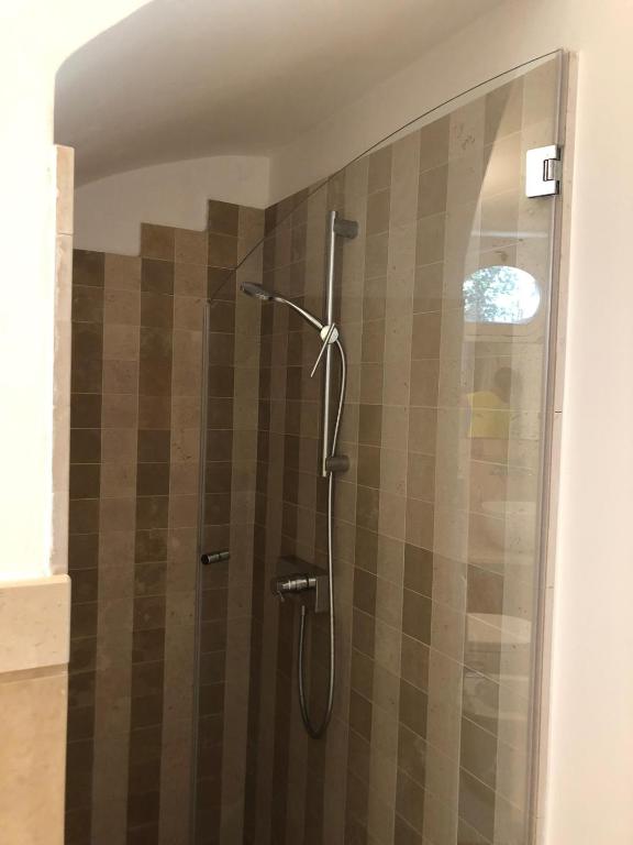 a shower in a bathroom with a glass door at Villa Romasi in Leuca