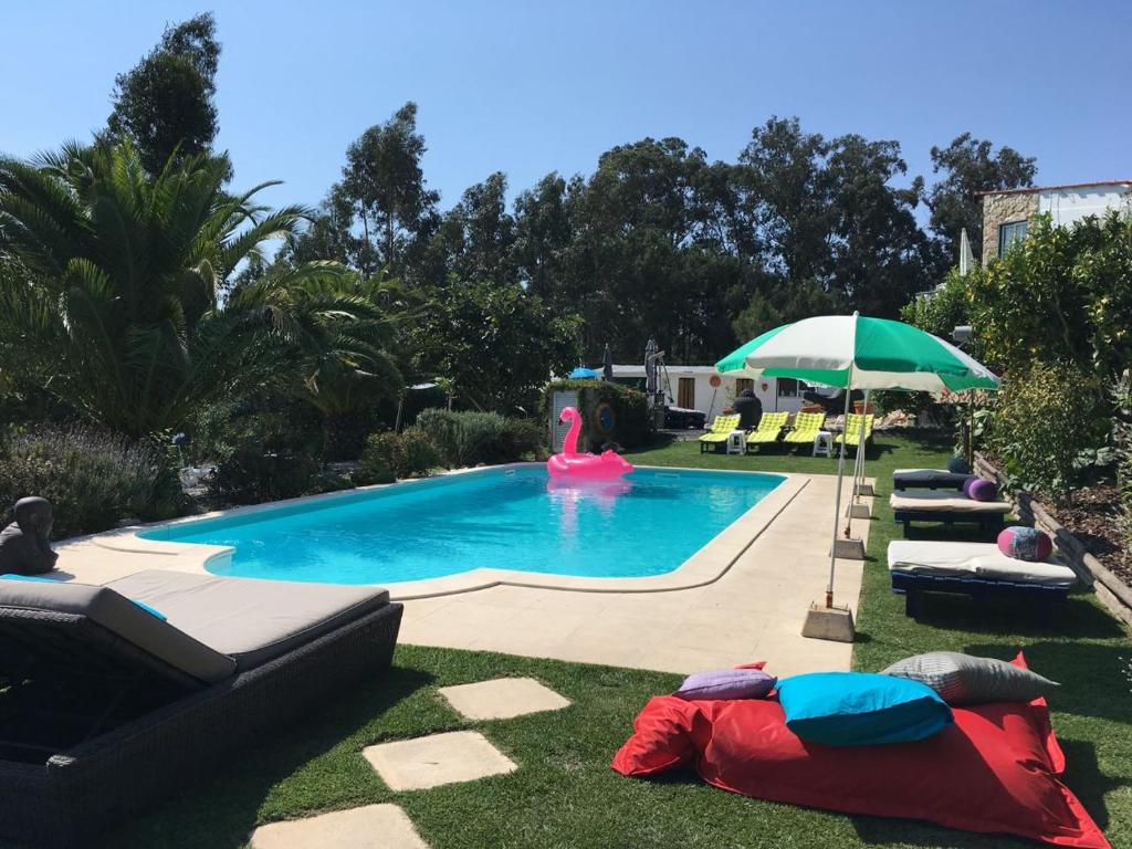 a swimming pool with chaise lounges and an umbrella at Quinta Da vida Serena in Gaio