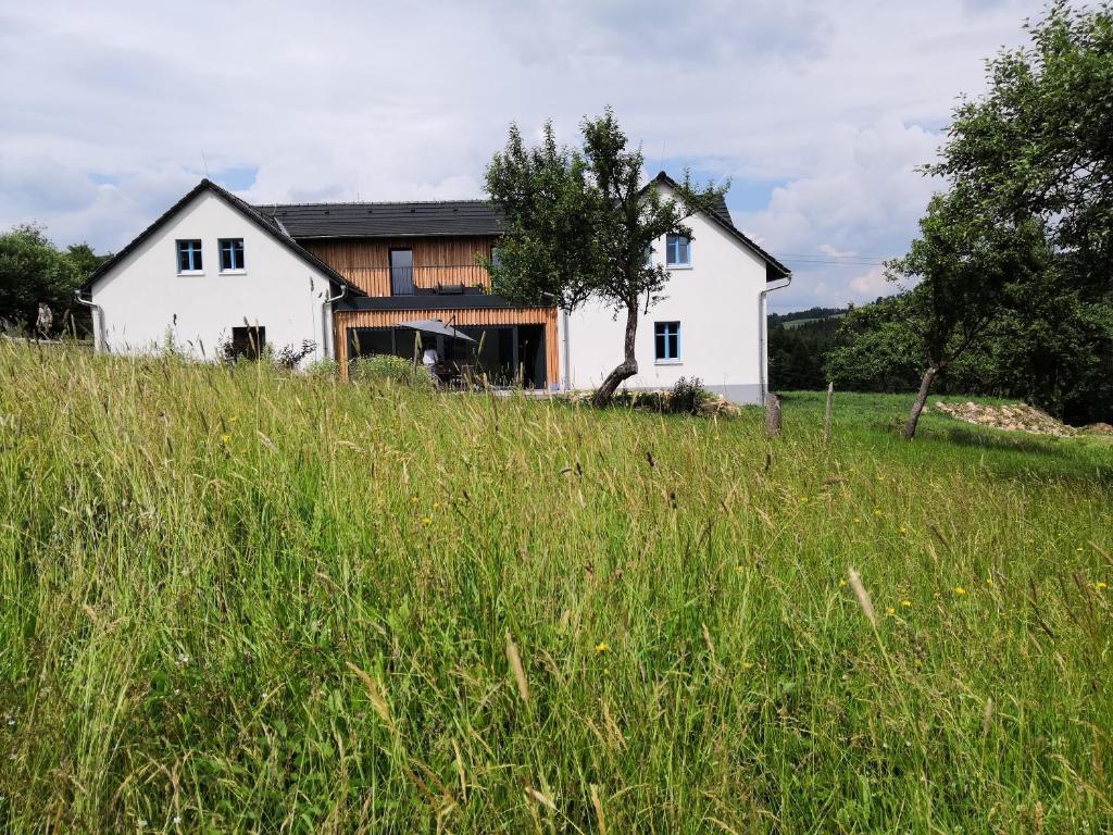 a white house on top of a grassy hill at Apartmán "Na Třináctce" Březiny u Poličky 13 in Březiny