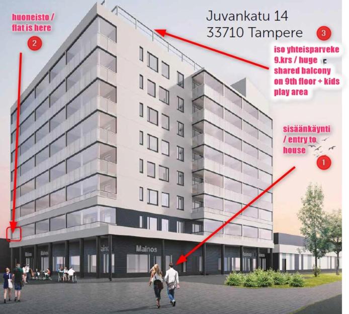 a rendering of a building with people walking in front of it at Vinkkeli in Tampere