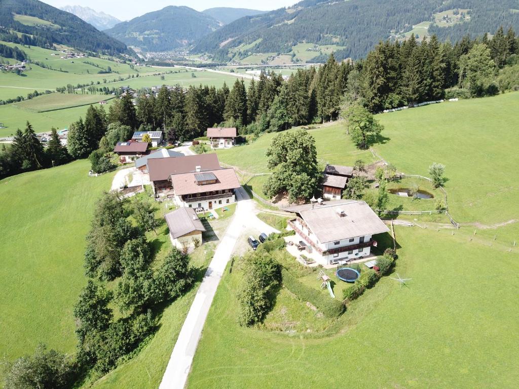 une vue aérienne sur une maison dans un champ verdoyant dans l'établissement Steinerbauer, à Flachau