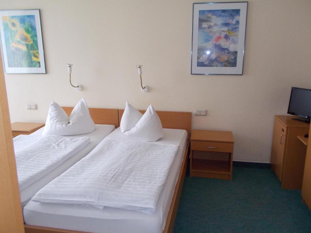 a hotel room with two beds and a tv at Hotel Zum Sportforum in Blankenburg