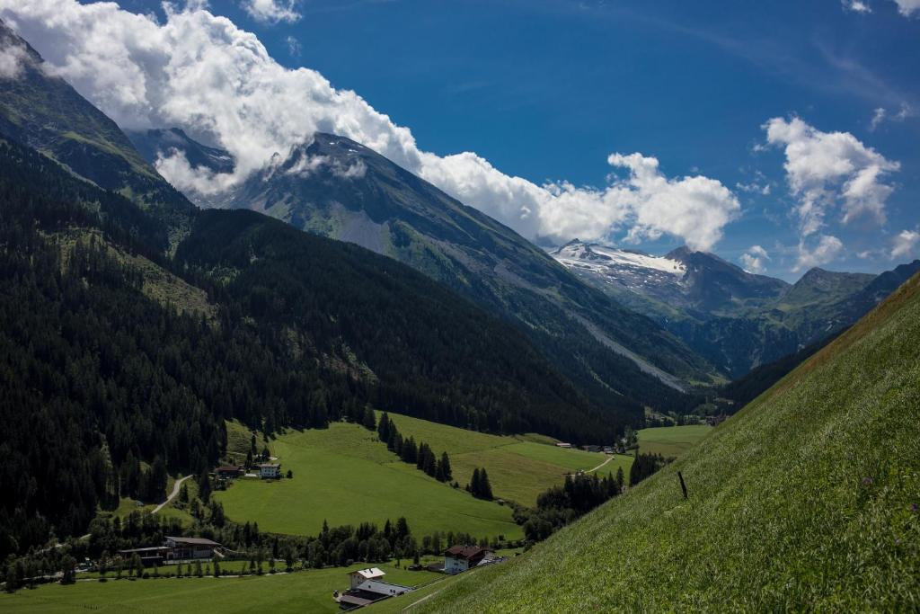 a green valley with a snow covered mountain at Hotel Höhlenstein in Tux