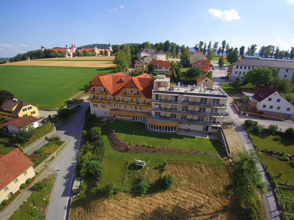 an aerial view of a town with a large building at Kutscherwirt in Vorau