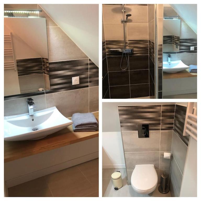 a bathroom with a sink and a toilet and a mirror at Maison de ville 3 chambres 3 salles d&#39;eau parking 2 places in Romorantin