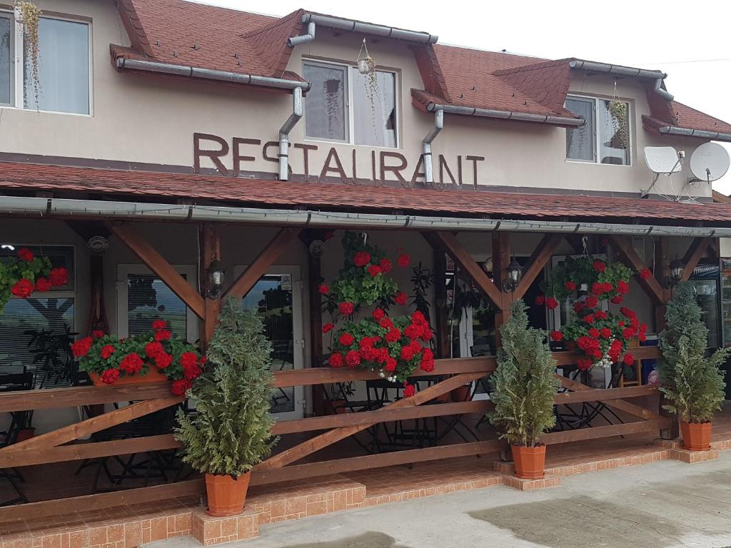 - un restaurant avec des fleurs rouges à l'avant dans l'établissement Casa Soral, à Uriu