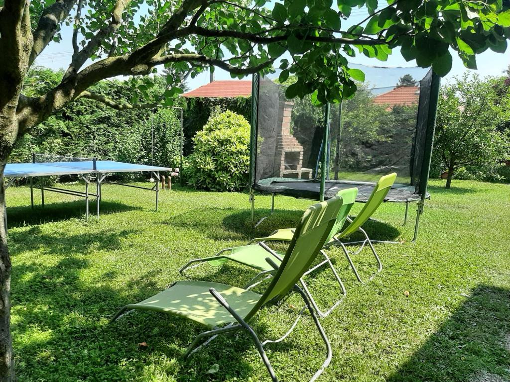 a group of chairs and a table in a yard at Családbarát apartman in Vonyarcvashegy