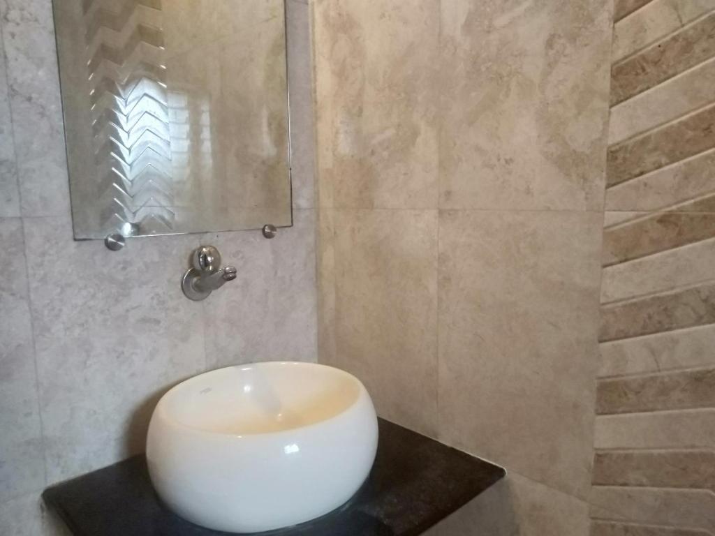 ein Badezimmer mit einem weißen Waschbecken auf der Theke in der Unterkunft Hotel Rose Lodge in Pune