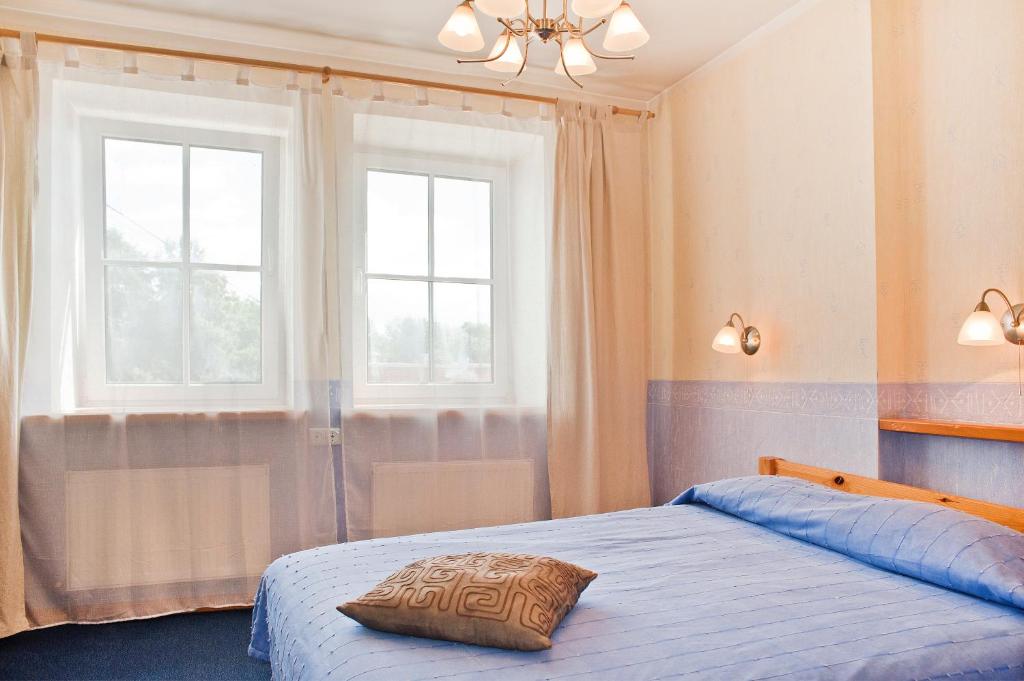 a bedroom with a blue bed and two windows at Demians in Saldus