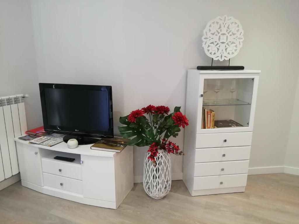 a white dresser with a television and a vase with red flowers at Mirador de Cristal-Centro-parking - 2 habitaciones-2 baños in Soria