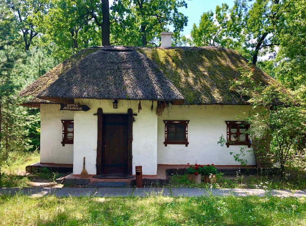 a small white house with a thatched roof at Lisotel in Rokytne