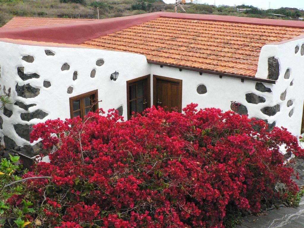 a white house with red flowers in front of it at Casa Rural Los Llanillos in Frontera