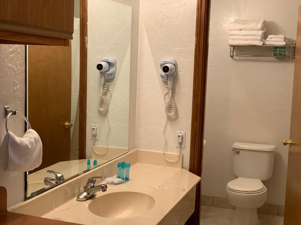 a bathroom with a sink and a phone on the wall at Red Carpet Inn Medford in Medford