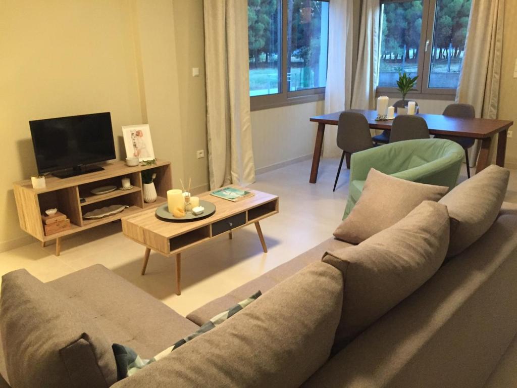 - un salon avec un canapé et une télévision dans l'établissement ImertI Apartment, à Keramoti