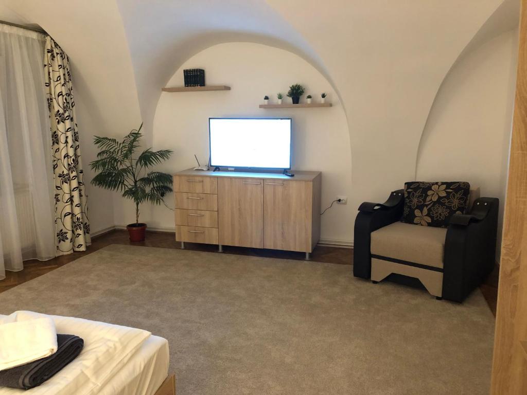een woonkamer met een tv en een stoel bij ENJOY in Sibiu