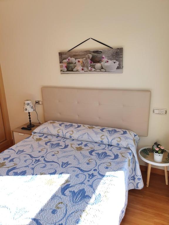 a bed with a blue and white comforter in a bedroom at Acogedor Apartamento en Oviedo Frente al HUCA in Oviedo