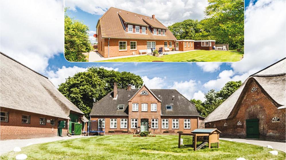 two pictures of a large house and a house at Hof Herzleuchten, Familie Groth in Siekbüll