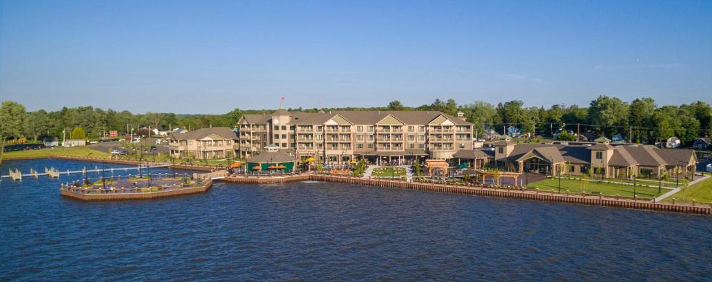 an aerial view of a resort on the water at Chautauqua Harbor Hotel - Jamestown in Celoron