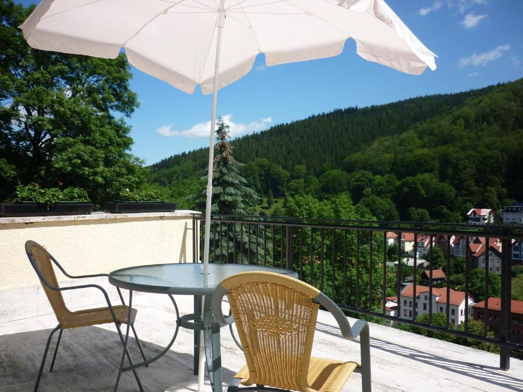 uma mesa e cadeiras numa varanda com um guarda-sol em Hotel Waldhaus-Hutzelhöh em Ruhla
