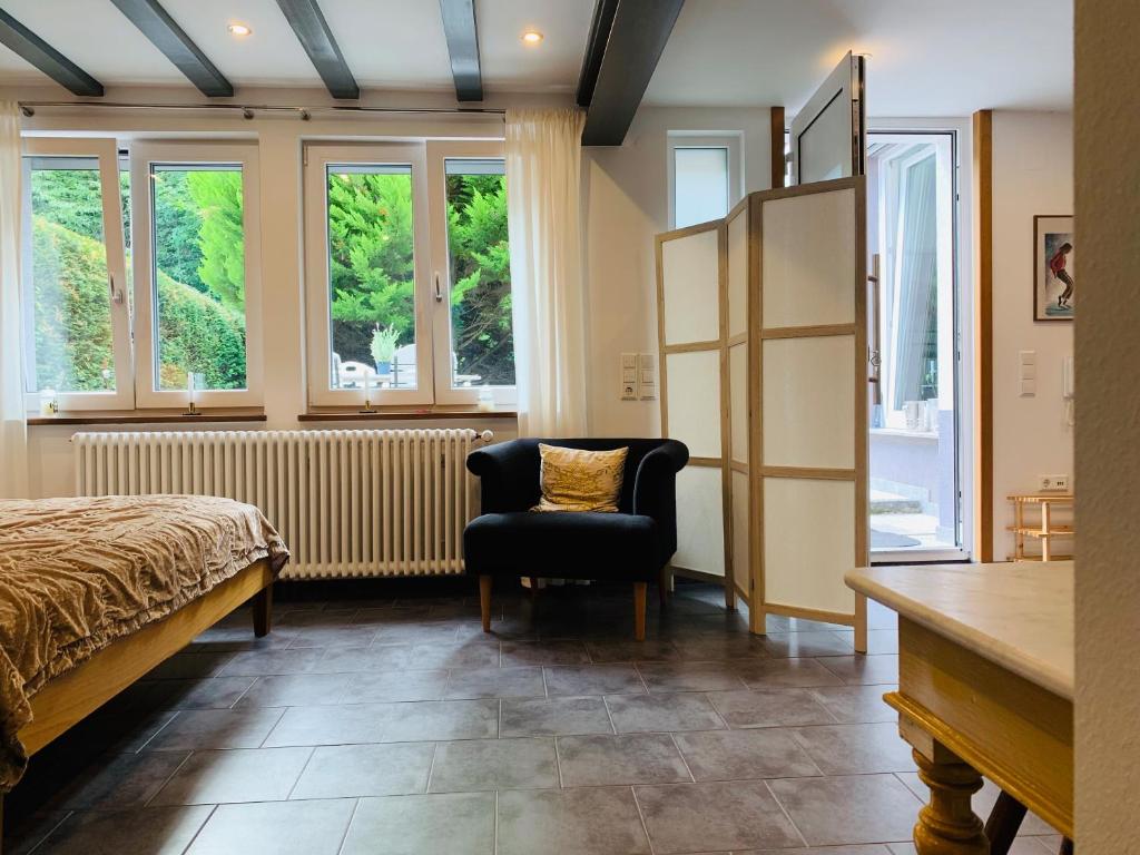 um quarto com uma cama, uma cadeira e janelas em Ferienwohnung Tannenweg em Baden-Baden