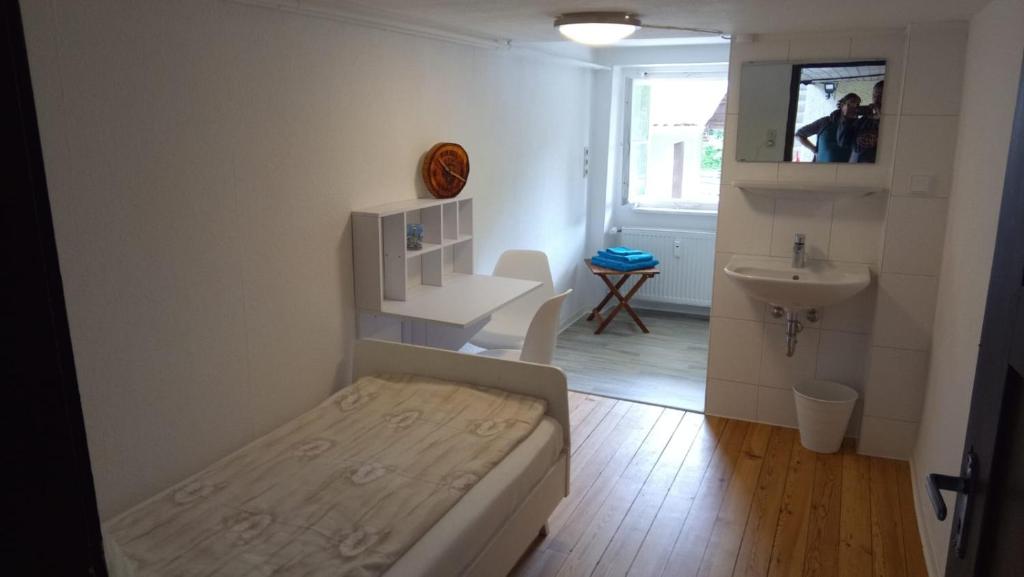 Kleines Zimmer mit einem Bett und einem Waschbecken in der Unterkunft Erholung im Grünen in Hemmingen