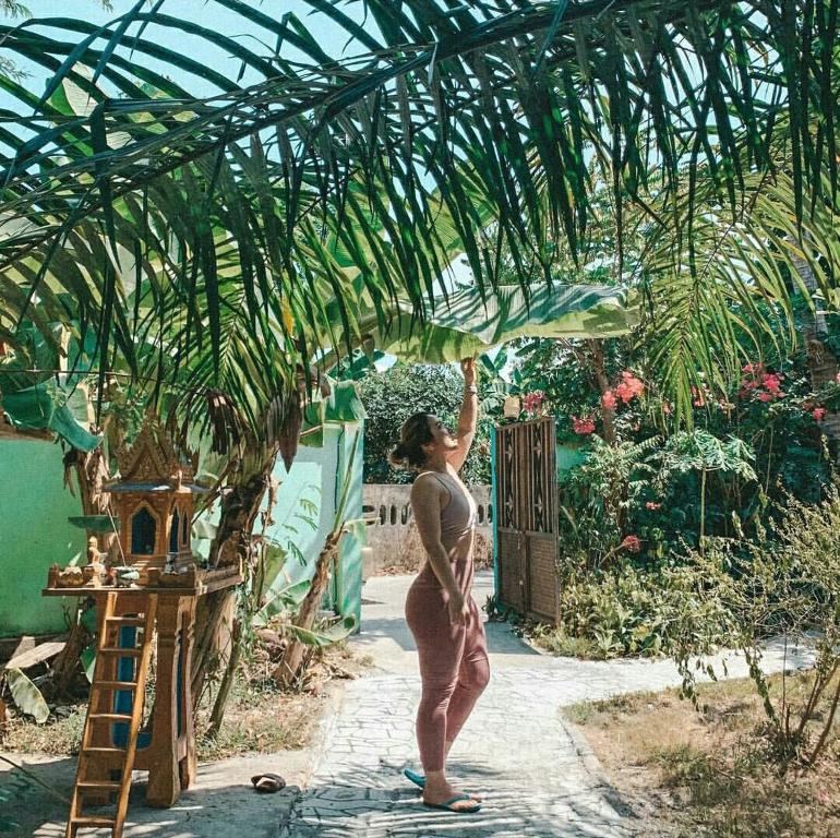 班拉克海灘的住宿－Green Garden，女人站在棕榈树下